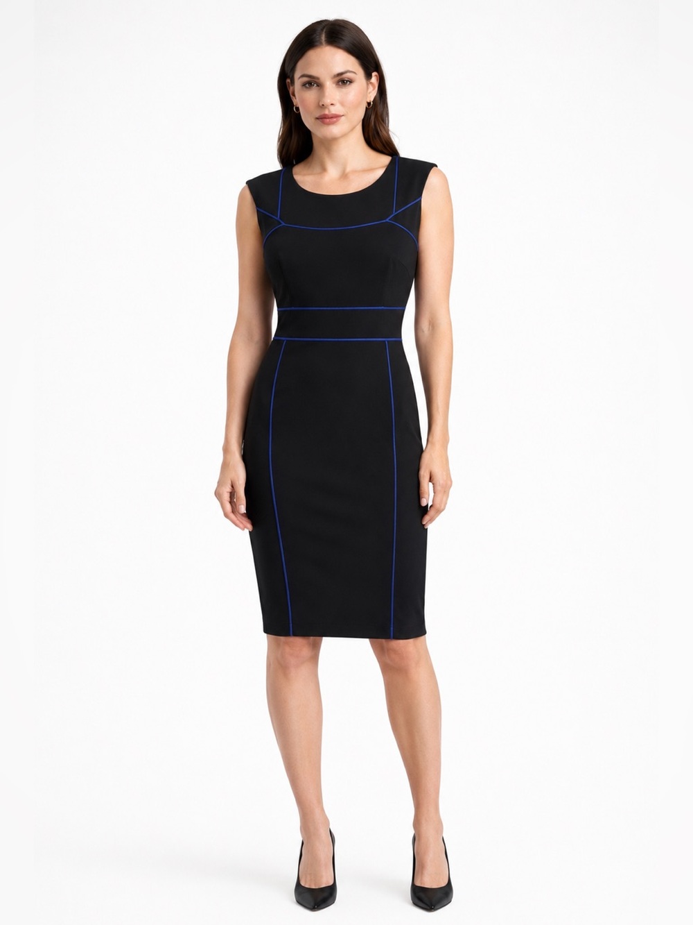 Black Bodycon Dress with Blue Piping - Women's Professional to Cocktail Dress